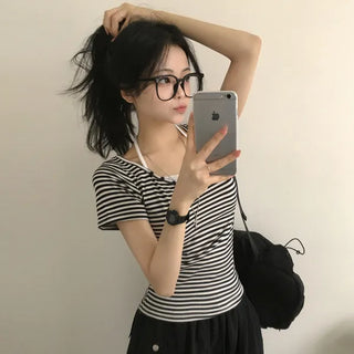 Delicate~ Slimming Halter Ribbon Strap Sleeveless Layered Striped Delicate Slim Fit Short Sleeve T-shirt