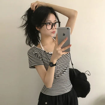 Delicate~ Slimming Halter Ribbon Strap Sleeveless Layered Striped Delicate Slim Fit Short Sleeve T-shirt