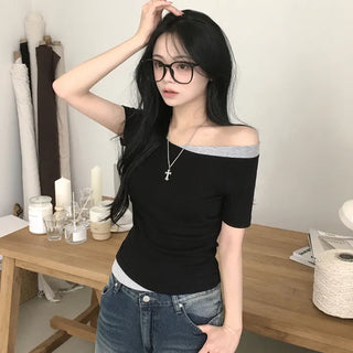 Soft Contrast Off-Shoulder Asymmetrical Side Shirring Delicate Slim Fit Short Sleeve T-shirt