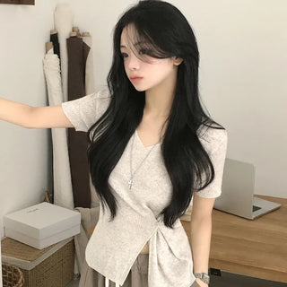 Slimming Bamboo Cool V-Neck Fine Ribbed Two-Way Button Wrap Delicate Slim Fit Summer Short Sleeve Knit