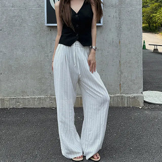 Light Stripe Linen Elastic Waist Pants