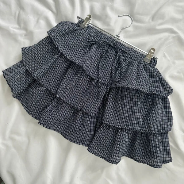 Preppy Check Elastic Tiered Mini Skirt