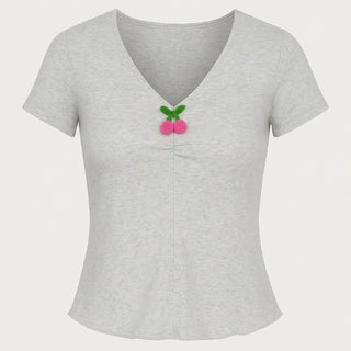 Cherry V-neck Crop Short Sleeve Tee
