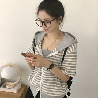 Effortless Chic, Waffle Striped Color Block Hoodie Avant Loose Fit Two-way Hoodie Summer Short Sleeve Zip-up