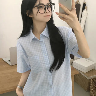 Gauze Small Check Pocket Boxy Loose Fit Summer Shirt Short Sleeve