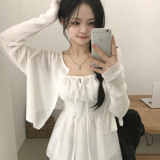 Flowy~ Summer Shirred Strap Ribbon Smocked Banding Flare Sleeveless Blouse