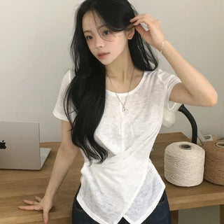 Linen U-Neck Asymmetrical Diagonal Twist Wrap Delicate Fit Summer Short Sleeve T-shirt