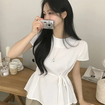 Round Puff Cap Sleeve Pintuck Waist Tie Ribbon Flare Short Sleeve Blouse with Waist Strap Details to Style to Your Preference