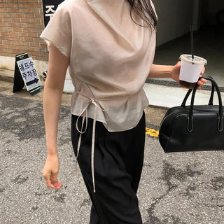 Ilma Women's Delicate Fit Spring/Summer String Drape Shirring Blouse