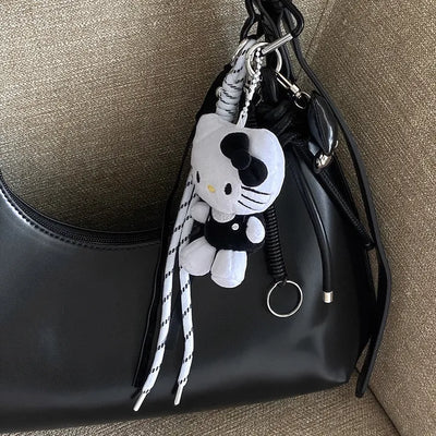 Black & White Kitty Cat Key Ring  Doll Bag Keyring Bag Charm Ribbon Heart Keychain Car Keyring Bag Charm