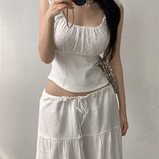 Shine Flower Lace Square Neck Off-Shoulder Two-Way Rolled Sleeveless Blouse