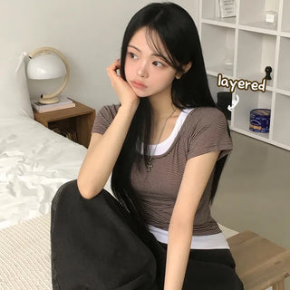 Delicate~ Slim fit, Double-layered U-neck Plain Striped Delicate Fit Short Sleeve T-shirt