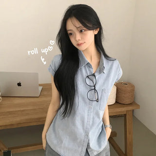 Delicate~ Comfortable Loose Fit, Sky Denim Pocket Roll-up Loose Fit Short Sleeve Shirt
