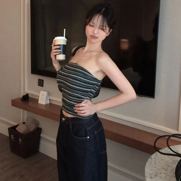 Chesslon Stripe Knit Tube Top [Back Elastic]