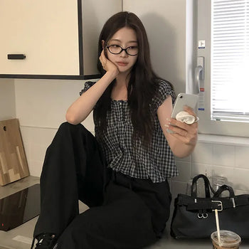 Voluminous Puff Check Short Sleeve Blouse