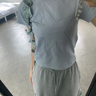 Milky Two-Star Patch Slim Crop Short Sleeve Tee