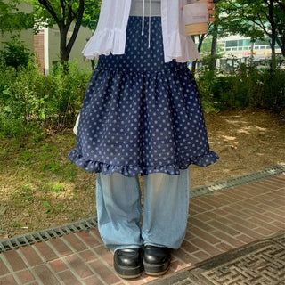 Bubble Pop Dot Frill Midi Skirt Vintage Shirred Polka Dot See-through Summer Layered Elastic Skirt