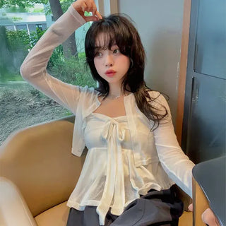 Arin See-through Ribbon Flare Strap Sleeveless Crop Cardigan Set, Delicate Fit Frill Adjustable Strap Sleeveless Blouse, Must-have Item, Must-have Cardigan, Date Look, Summer Cardigan