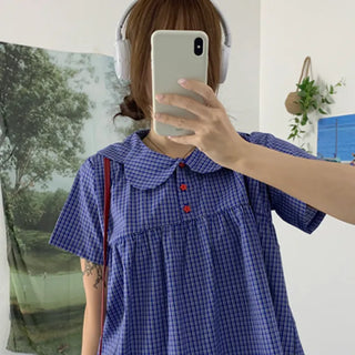 Aro Star Button Check Tulip Collar Blouse