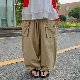 Aika Washed Pintuck Balloon Cargo Pants Plus Size Unisex Curved Waist High-waisted Lower Body Shaping Wide Fit Elastic Waist Cargo Pants Cotton Pants