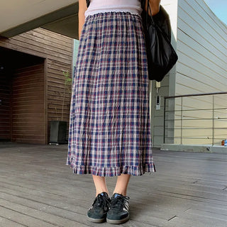 Ronder Check Frill Slit Long Skirt Tartan Cotton Elastic Skirt Cotton Skirt A-line Summer Joruge