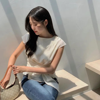 Floni Linen Wrap Belt Cap Sleeve Short Blouse