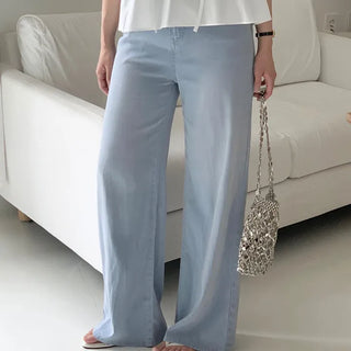 Short, Long Hidden Elastic Waist Cooling Tencel Light Wash Wide Denim Pants