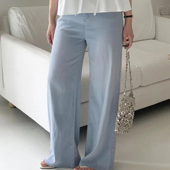 Short, Long Hidden Elastic Waist Cooling Tencel Light Wash Wide Denim Pants