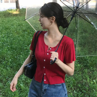 Jomi Summer Ribbed Short Sleeve U-Neck Cardigan