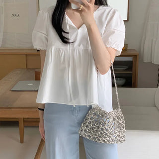 Lace Shirred Flare Puff Short Sleeve Blouse