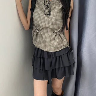 Moonlit Check String Ribbon Sleeveless Top