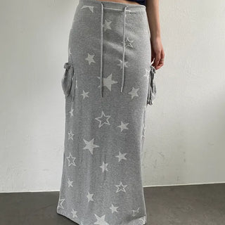 Cargo Pocket Star Elastic Waist Long Maxi Skirt