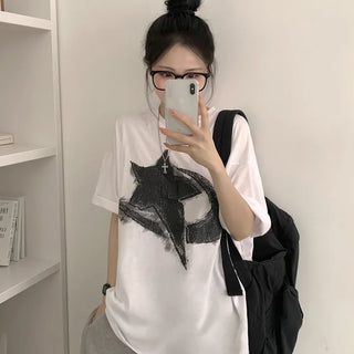 Protective Instinct Oversized Fit, Hip Mood Star Print Round Boxy Loose Fit Short Sleeve T-shirt