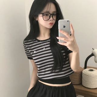 U-Neck Striped Pendant Delicate Avant-Glass Summer Short Sleeve Knit