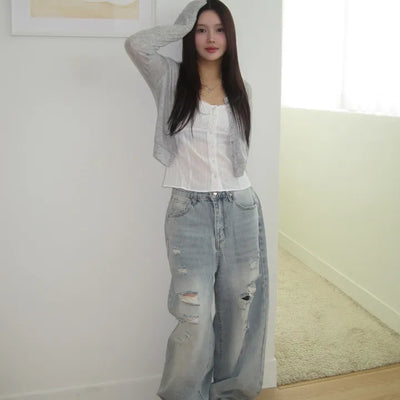 Vintage Wash Stay Distressed Ripped Wide Denim Pants