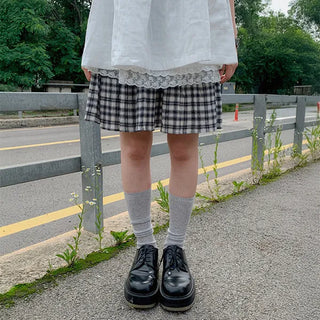 Bare Me Check Tiered Midi Skirt Layered Vintage A-Line Cotton Mini Skirt Elastic Waist Spring/Autumn Skirt