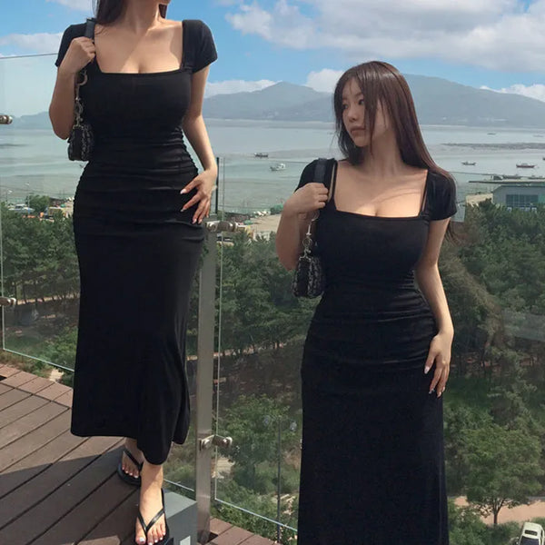 Oeld Square Neck Shirred Long Dress