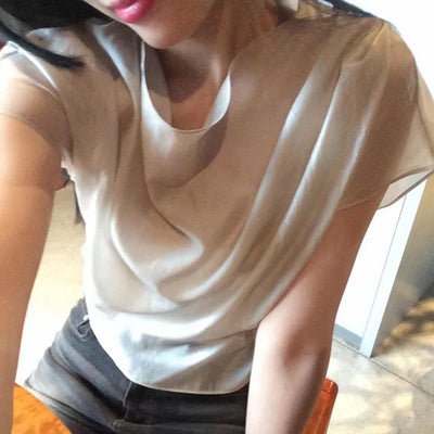 Tencel String Cap Sleeve Satin Blouse See-through Loose Fit