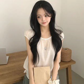 Comfortable Loose Fit, U-Neck See-through Puff Sleeve Elastic Frill Short Sleeve Blouse