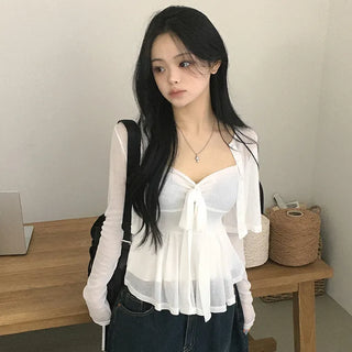 Delicate~ Hand-covering, Summer See-through Ribbon Strap Flare Sleeveless U-Neck Cropped Long Sleeve Cardigan, A Must-Have Layered Two-Piece Set