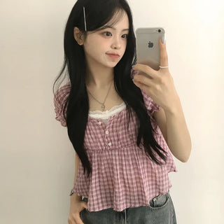 Check Seersucker Wrinkle U-Neck Button Frill Puff Shirred Flare Short Sleeve Blouse