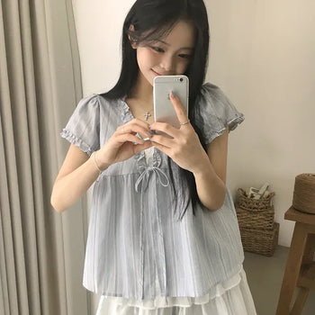 Comfortable Loose Fit, Linen Stripe Frill Lace Strap Ribbon Puff Flare Layered Loose Fit Short Sleeve Blouse