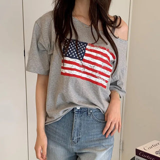 Vintage American Flag Off-Shoulder Short Sleeve T-shirt