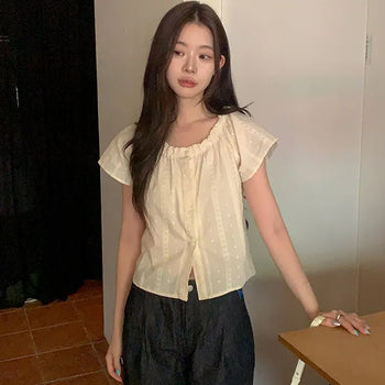 South Frill Elastic Short Sleeve Blouse Resort Look/Vacation Look/Wedding Guest Look/ Cap Sleeves