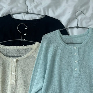 Milkis Boucle Henley Neck Summer Long Sleeve Knit
