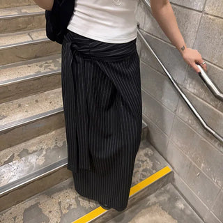 Edgy Stripe Wrap Maxi Asymmetrical A-Line Long Skirt