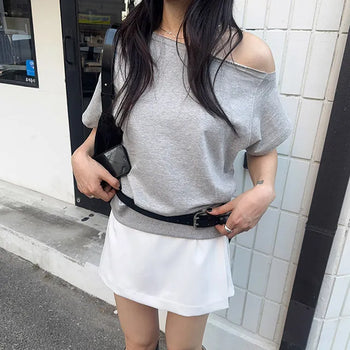 Whisper Cotton Oversized Loose Fit Off-shoulder Semi-off-shoulder One-shoulder Short Sleeve Sweatshirt