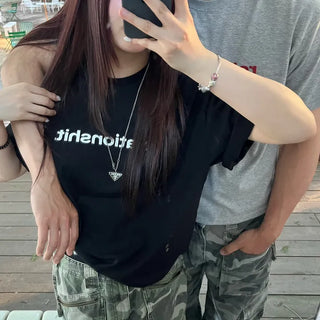 Unisex Relation Lettering Print Semi-Crop Short Sleeve T-shirt