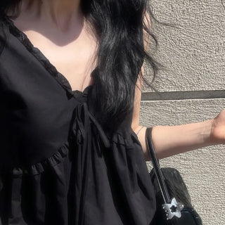 Frill Ribbon Sleeveless Blouse Sunday Puff Lace Blouse   Summer Sleeveless Shirred V-Neck Blouse
