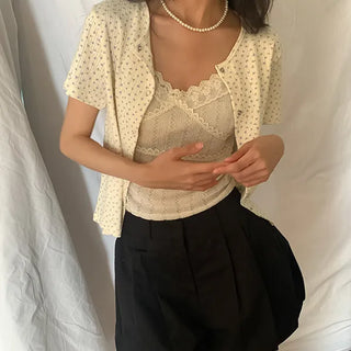 Pinna Flower Ribbed Short Sleeve Cardigan T-shirt